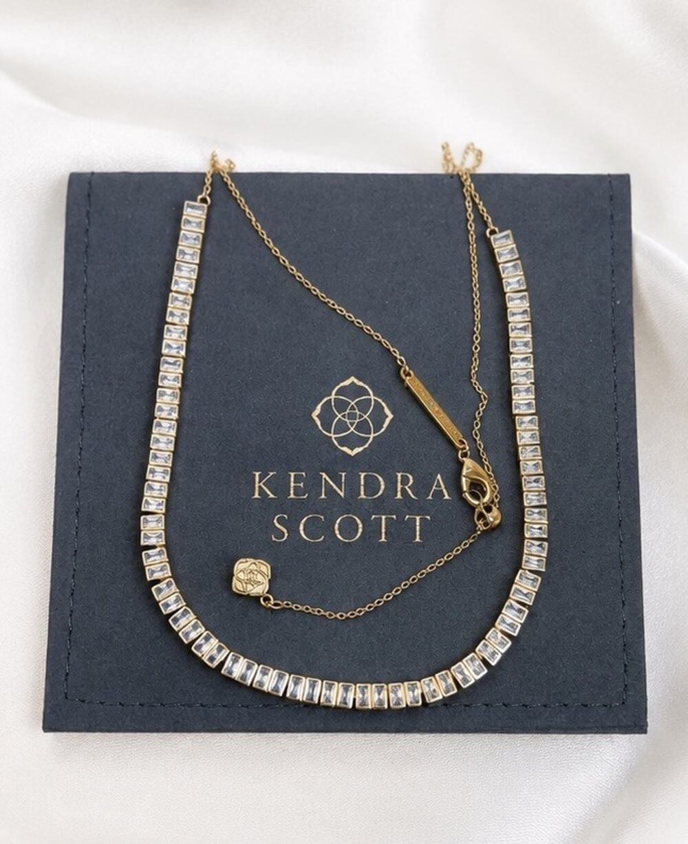 Kendra Scott Gracie Tennis Necklace Gold White Cubic Zirconia Adjustable W Pouch